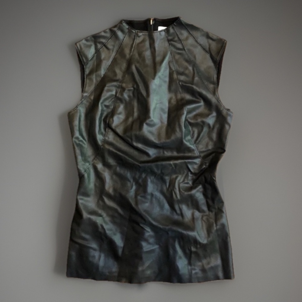 Black Fitted Stretch Faux Leather Shirt Top XS